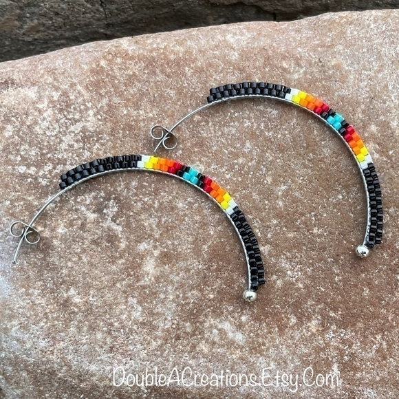 Black with Native Colors Bead Half Hoops, New, Handmade By Me - Picture 6 of 11